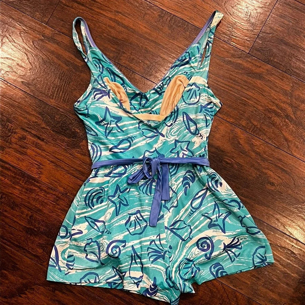 Vintage Sea Waves One-Piece Swimsuit, Women's Size 16, Seashells, Teal, Padded